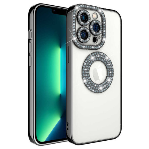 iPhone 12 Pro Max Kılıf Kamera Korumalı Taş Süslemeli Arkası Şeffaf NVTH Asya Kapak - Siyah