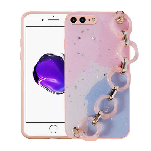 iPhone 8 Plus Kılıf Simli Desenli El Askılı Tutacaklı NVTH Elsa Silikon Kapak - Pembe