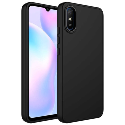Redmi 9A Kılıf Metal Çerçeve ve Buton Tasarımlı Silikon NVTH Luna Kapak - Siyah