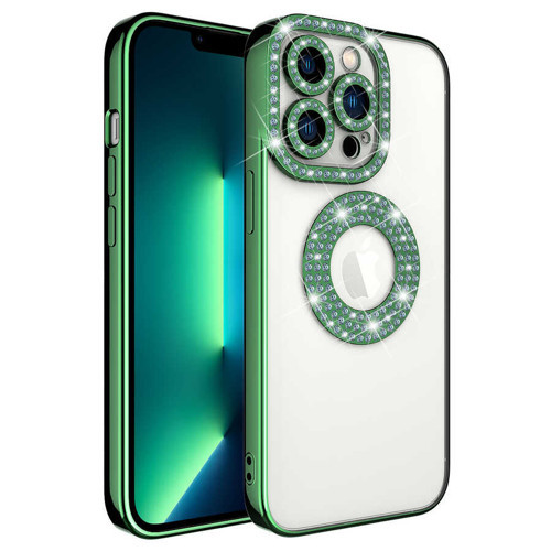 iPhone 13 Pro Kılıf Kamera Korumalı Taş Süslemeli Arkası Şeffaf NVTH Asya Kapak - Yeşil