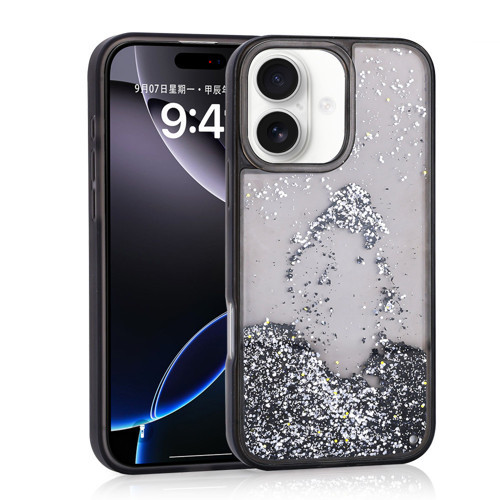 iPhone 16 Kılıf Sıvılı Simli Şeffaf Arka Yüzey NVTH Keto Silikon Kapak - Siyah