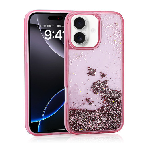iPhone 16 Kılıf Sıvılı Simli Şeffaf Arka Yüzey NVTH Keto Silikon Kapak - Pembe
