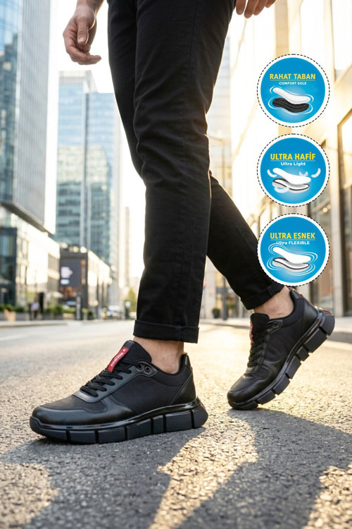 Siyah Bağcıklı Kalın Rahat Tabanlı Erkek Casual Ayakkabı Sneaker Praval