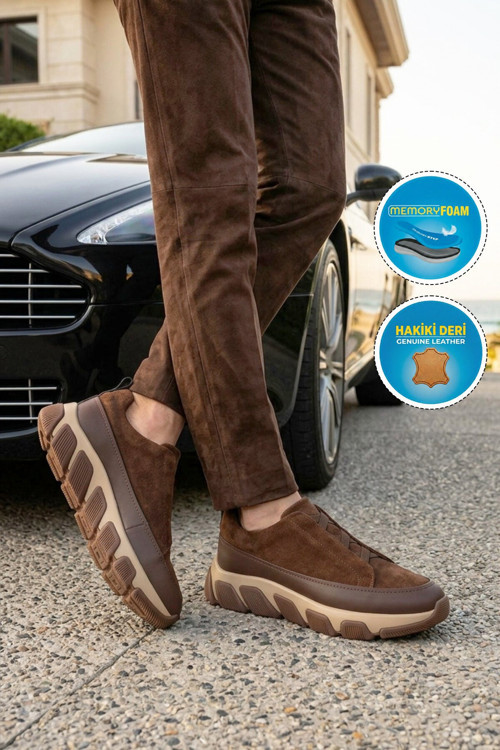 Kahve Süet Geniş Kalıp Hafızalı Rahat Tabanlı Hakiki Deri Erkek Casual Sneaker Ayakkabı Alfa 9003