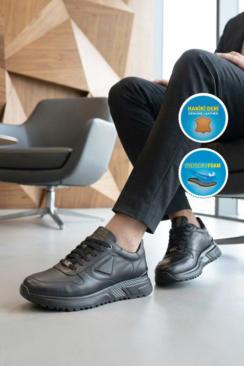 Siyah Hakiki Deri Bağcıklı Hafızalı Rahat Tabanlı Erkek Casual Sneaker Ayakkabı Alfa 9107