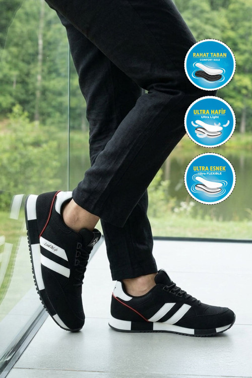 Siyah Fileli Bağcıklı Hava Alabilen Erkek Yürüyüş ve Spor Ayakkabı Sneaker 26109