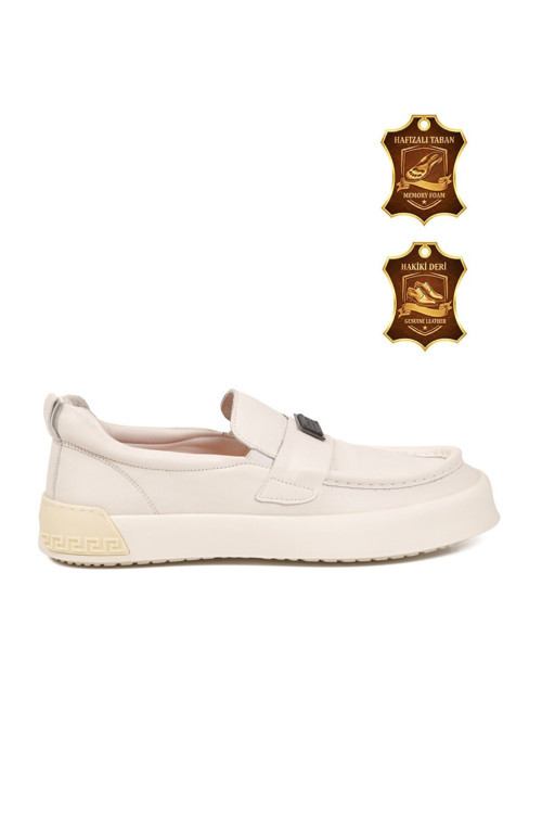 Krem Hakiki Deri Hafızalı Rahat Tabanlı Erkek Casual Ayakkabı Loafer Alfa 5405