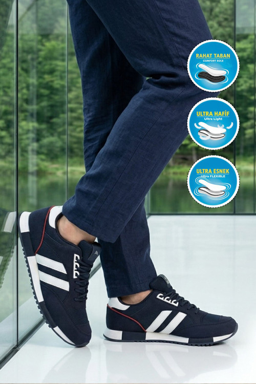 Lacivert Fileli Bağcıklı Hava Alabilen Erkek Yürüyüş ve Spor Ayakkabı Sneaker 26109