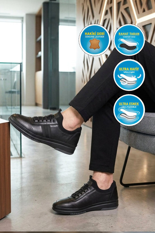 Siyah Baskılı Hakiki Deri Lastik Bağcıklı Erkek Casual Ayakkabı 6K9779-418