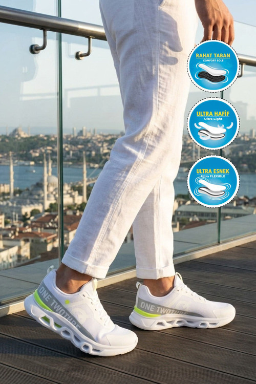 Beyaz-Gri Fileli Rahat Hafif Tabanlı Bağcıklı Erkek Yürüyüş ve Spor Ayakkabı Sneaker 26101