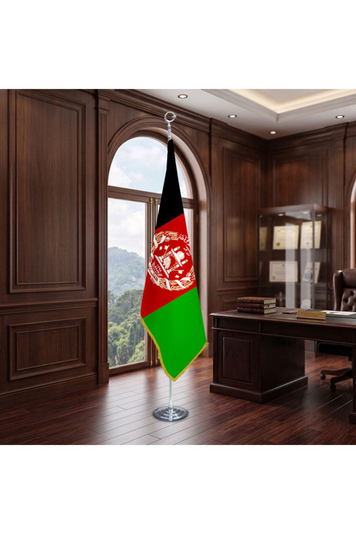 Afganistan Direkli - Altın Saçaklı Saten Makam Bayrağı Seti (Krom Direk)