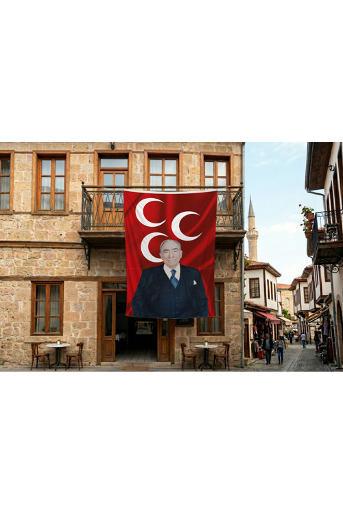 Alparslan Türkeş ve 3 Hilal Kırmızı Sancak Bayrak 140gr Premium Raşel Kumaş 300x450cm