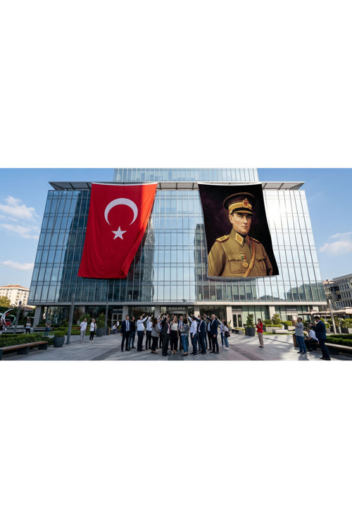 Atatürk Asker Ünüformasıyla Bayrak ve Türk Bayrağı Premium Raşel Kumaş 2'li Set 10x15 metre ATA52