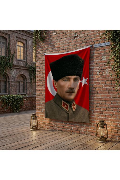 Askeri Üniformalı Atatür ve Türk Bayrağı poster Bayrak Raşel Kumaş 100x150 cm ATA80