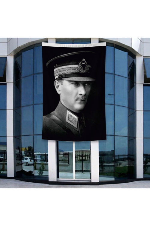Askeri Kıyafeti ile Mustafa Kemal Atatürk Poster Bayrak Raşel Kumal 4x6 metre ATA44