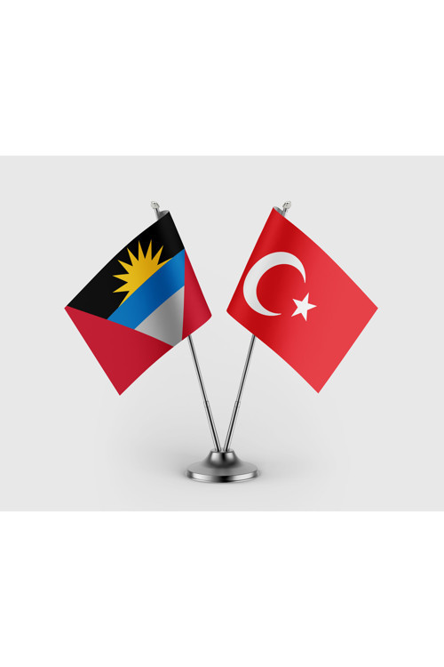 Antigua Barbuda Bayrağı ve Türkiye Bayrağı İkili Saten Masa Bayrağı Takımı