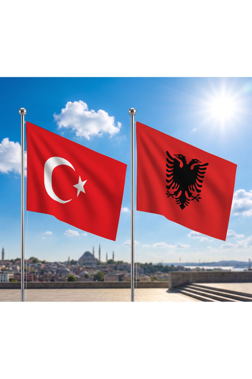 Arnavutluk Bayrağı ve Alpaka Kumaş Türk Bayrağı 2'li Set 70x105cm