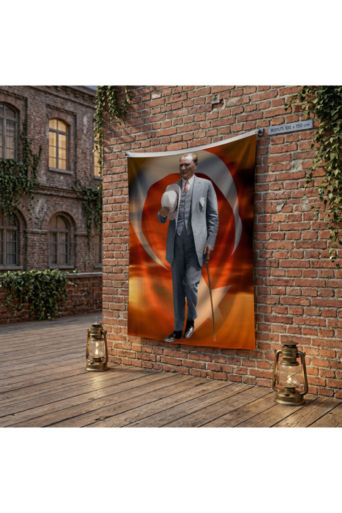 Atatürk Baston Ve Fotor Şapkasiyla poster Bayrak Raşel Kumaş 100x150 cm ATA74