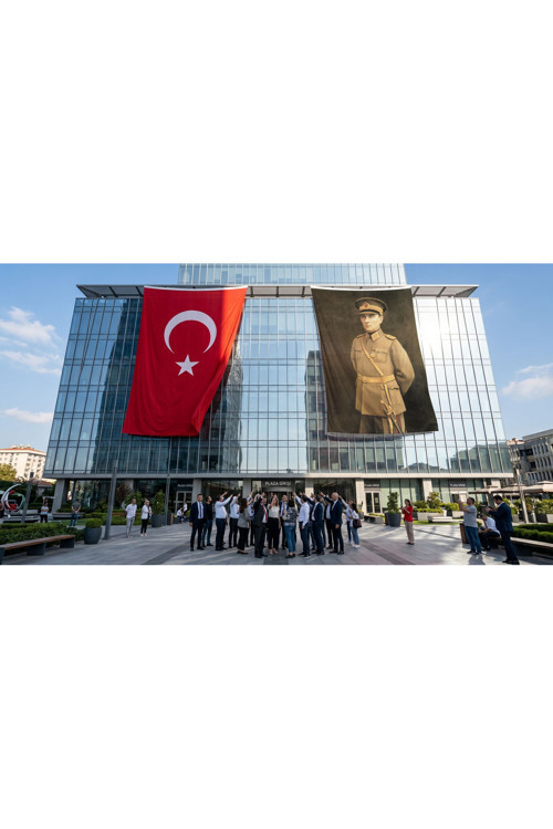 Atatürk Portre Türkiye Cumhuriyeti Kurucusu Mustafa K. Atatürk Bayrak ve Türk Bayrağı Premium Raşel Kumaş 2'li Set 10x15 metre ATA3