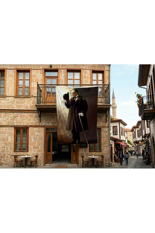 Bastonlu Atatürk Portresi Poster Bayrak Premium Raşel Kumaş 300x450cm ATA78
