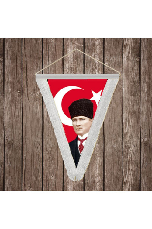Ay Yıldız Kalpaklı Atatürk Portresi Beyaz Saçaklı Üçgen Flama Bayrak Hatıra Flama ATA43