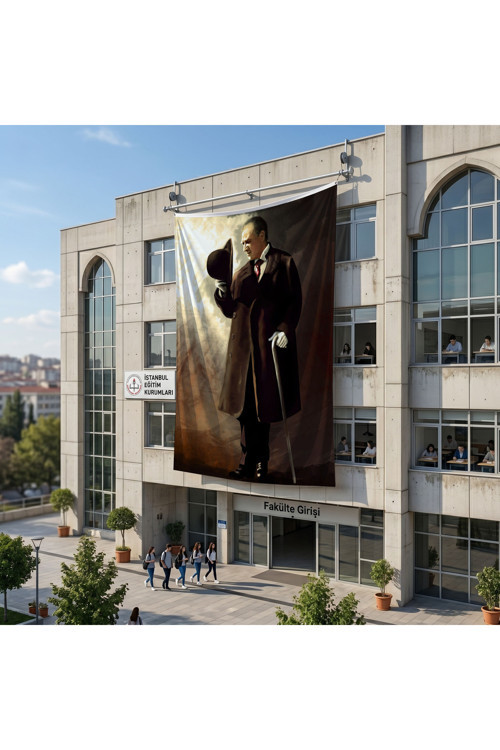 Bastonlu Atatürk Portresi Poster Bayrak Raşel Kumaş 6x9 metre ATA78