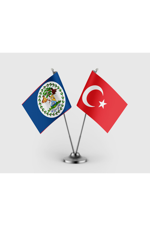 Belize Bayrağı ve Türk Bayrağı İkili Saten Masa Bayrağı Takımı