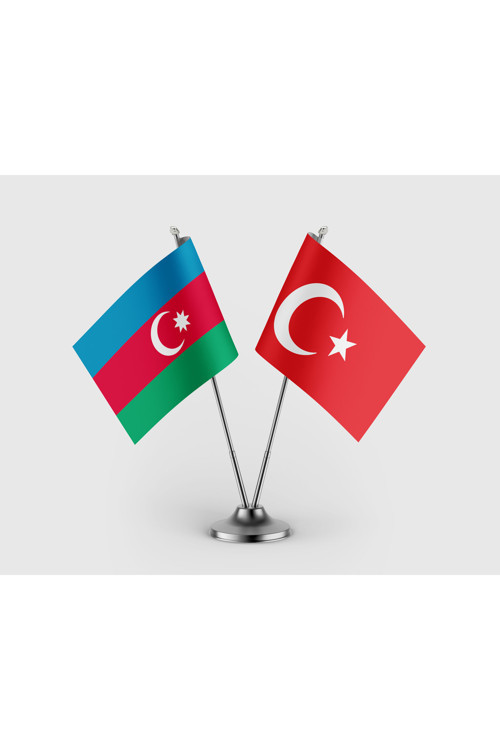 Azerbaycan Bayrağı ve Türk Bayrağı İkili Saten Masa Bayrağı Takımı