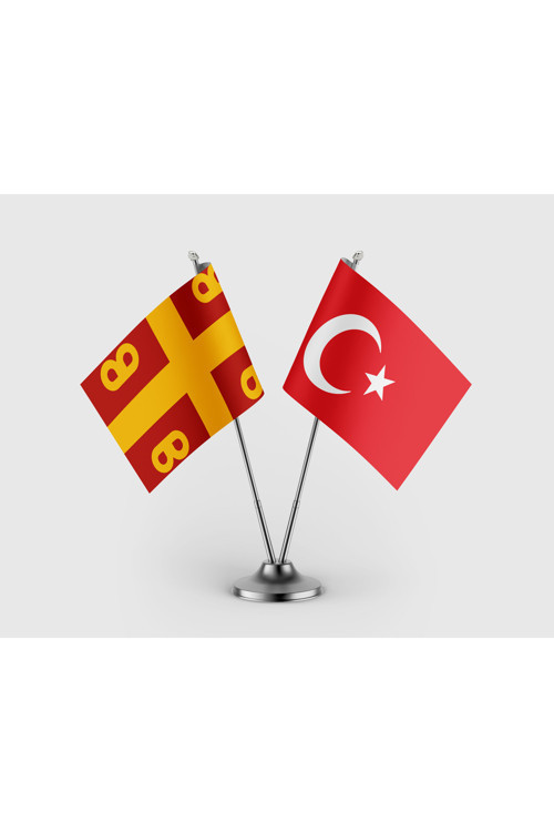 Bizans İmparatorluğu ve Türk Bayrağı İkili Saten Masa Bayrağı Takımı