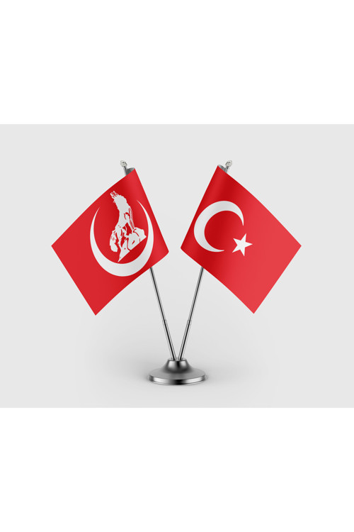 Bozkurt Hilal Kırmızı Sancak Bayrak MHP ve Türk Bayrağı İkili Saten Masa Bayrağı Takımı