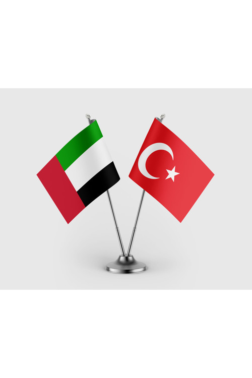 Birleşik Arap Emirlikleri Bayrağı ve Türk Bayrağı İkili Saten Masa Bayrağı Takımı