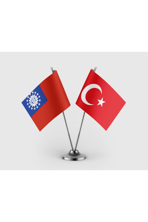 Burma Bayrağı ve Türkiye Bayrağı İkili Saten Masa Bayrağı Takımı