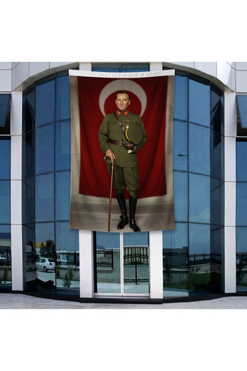 Elinde Bastonu İle Üniformalı Mustafa Kemal Atatürk Poster Bayrak Raşel Kumal 4x6 metre ATA62