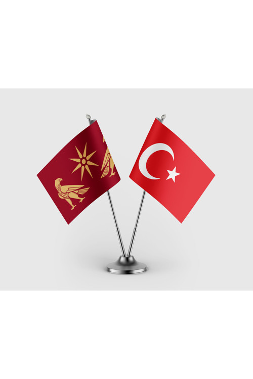 Ermenistan Krallığı ve Türk Bayrağı İkili Saten Masa Bayrağı Takımı