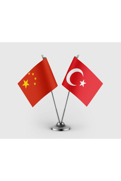 Çin Bayrağı ve Türk Bayrağı İkili Saten Masa Bayrağı Takımı