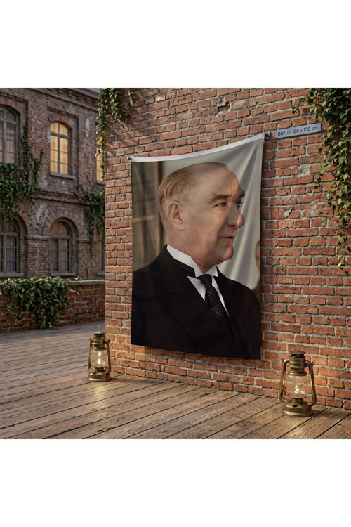 Gazi Mustafa Kemal Atatürk Yan Portre poster Bayrak Raşel Kumaş 100x150 cm ATA58