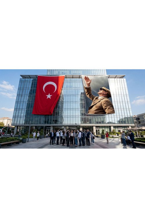 Göğe Bakan Atatürk.Atatürk Portresi Bayrak ve Türk Bayrağı Premium Raşel Kumaş 2'li Set 10x15 metre ATA73