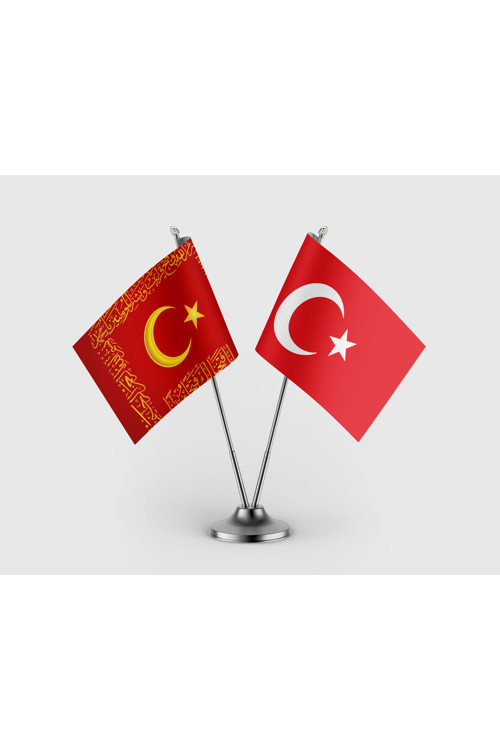Fetih Sancağı Kelime İ Tevhid ve Türk Bayrağı İkili Saten Masa Bayrağı Takımı