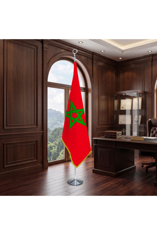 Fas Devleti Direkli - Altın Saçaklı Saten Makam Bayrağı Seti (Krom Direk)