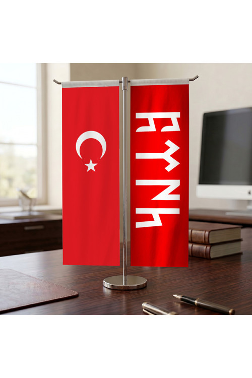 Göktürkçe Türk Yazılı Kırmızı Bayrak ve Türk Bayrağı Kırlangıç T tipi Masa Bayrak Takımı