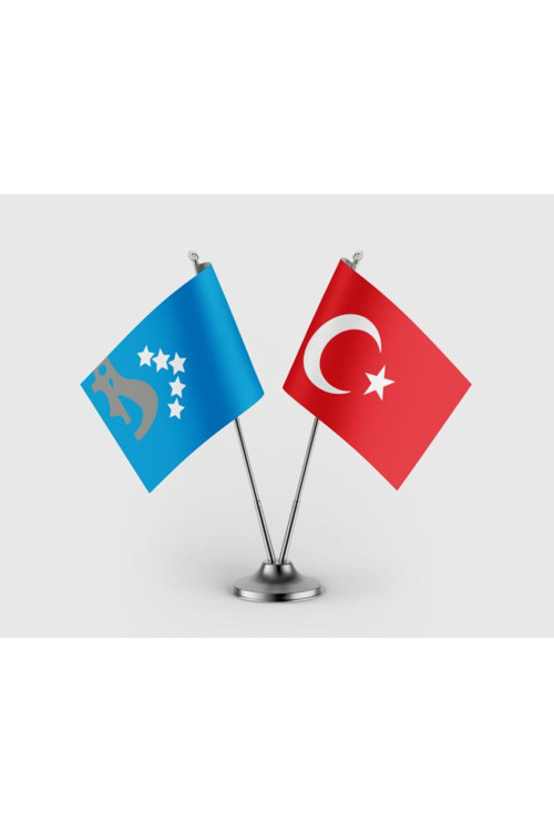 Hazar İmparatorluğu ve Türkiye Bayrağı İkili Saten Masa Bayrağı Takımı