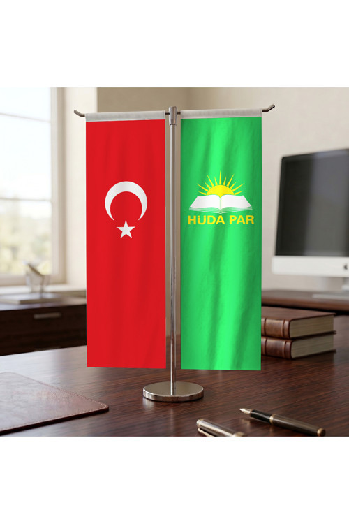 Hüda Par Bayrağı ve Türkiye Bayrağı Kırlangıç T tipi Masa Bayrak Takımı