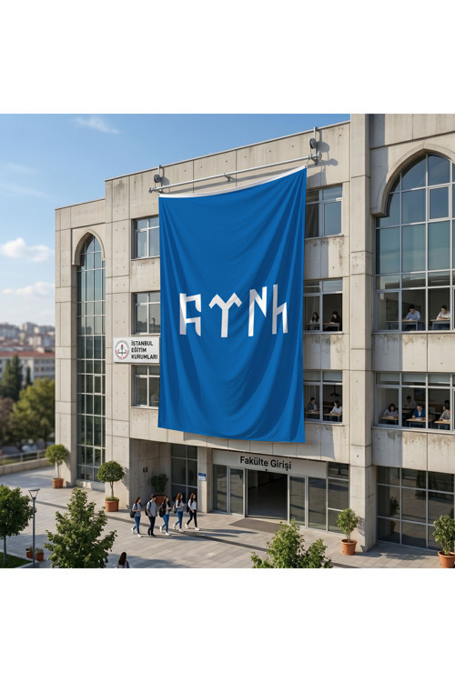 Göktürkçe Türk Yazılı Mavi Bayrak 140gr Premium Raşel Kumaş 6x9 metre