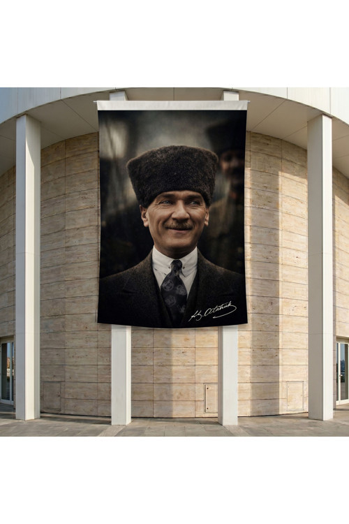 Gülümseyen Mustafa Kemal Atatürk Portresi Poster Bayrak Premium Raşel Kumaş ATA65 2x3m