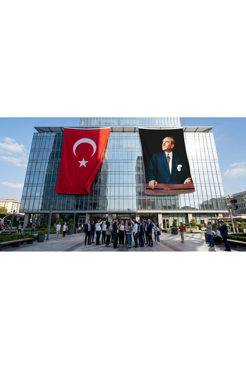 Istikbal Göklerdedir Atatürk Portresi Bayrak ve Türk Bayrağı Premium Raşel Kumaş 2'li Set 10x15 metre ATA32