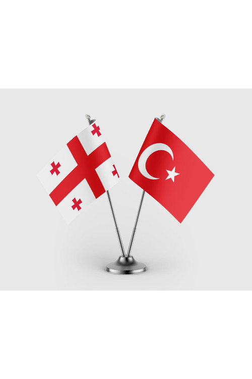 Gürcistan Bayrağı ve Türk Bayrağı İkili Saten Masa Bayrağı Takımı