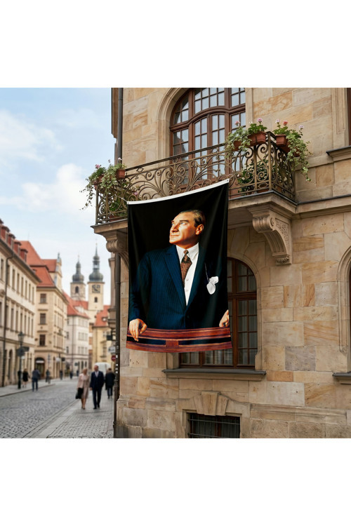 Istikbal Göklerdedir Atatürk Portresi Poster Bayrak Premium Raşel Kumaş ATA32