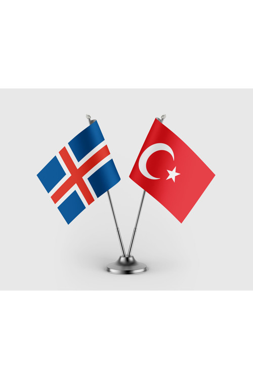 İzlanda Bayrağı ve Türkiye Bayrağı İkili Saten Masa Bayrağı Takımı