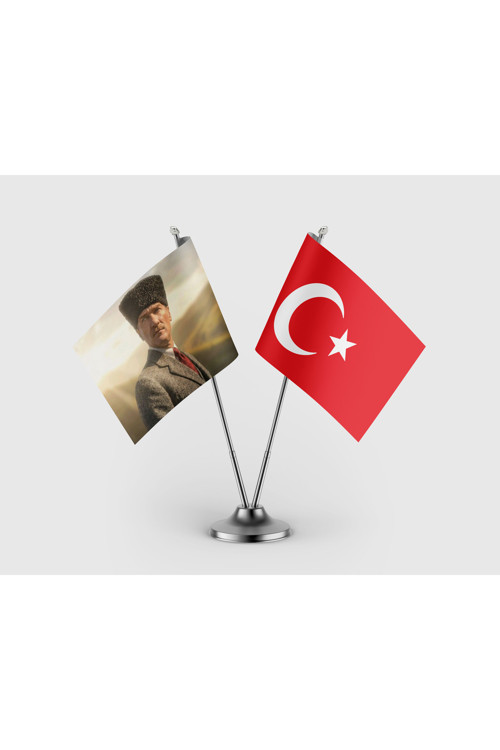 Kalpaklı Kemal Atatürk ve Türk Bayrağı İkili Saten Masa Bayrağı Takımı