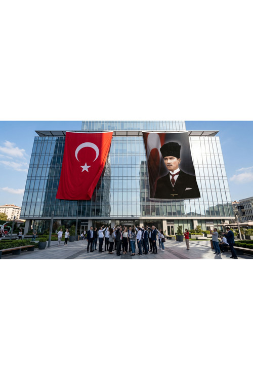 Kalpaklı Mustafa K.Atatürk ve Türk Bayrağı Bayrak ve Türk Bayrağı Premium Raşel Kumaş 2'li Set 10x15 metre ATA4